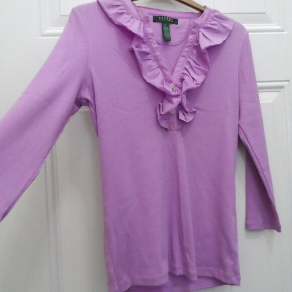 Ralph Lauren- ruffle collar  3/4 sleeve light purple blouse shirt sz., S - Picture 8 of 9